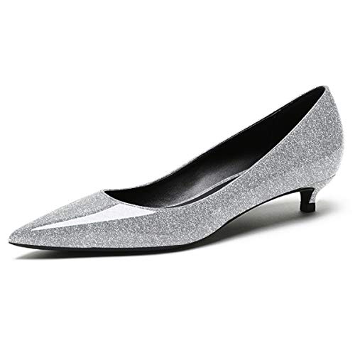 Niedrige Absatzpumps für Frauen, Spitze Kitten-Absatzschuhe, Slip-On-Pumps, Bequeme Business-Anzugsschuhe, Lacklederpumps, 3.5cm Party-Anzugschuhe mit Geschlossenen Zehen Silber EU40 von Soireelady