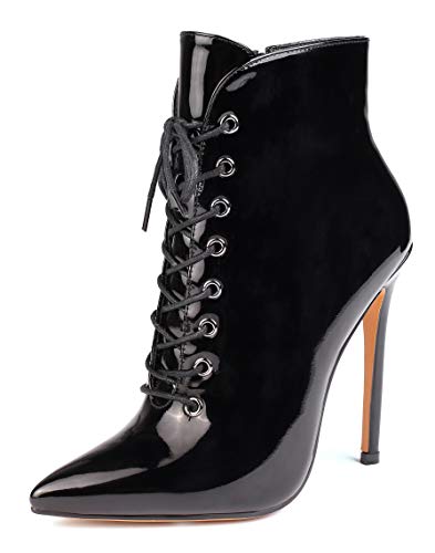 Sioreelady Damen Schnürstiefeletten mit Spitzem Zeh, Kurze Stiefeletten mit Animal Print, Seitlicher Reißverschluss Winter Bootie, 12cm Stilettos Heel Boots Lack Schwarz EU36 von Soireelady