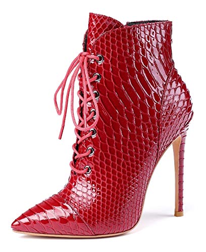 Sioreelady Damen Schnürstiefeletten mit Spitzem Zeh, Kurze Stiefeletten mit Animal Print, Seitlicher Reißverschluss Winter Bootie, 12cm Stilettos Heel Boots Rot EU41 von Soireelady