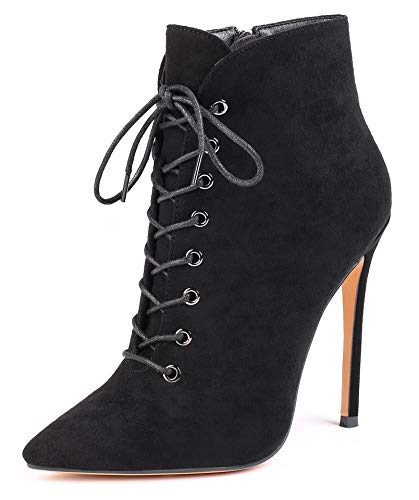 Sioreelady Damen Schnürstiefeletten mit Spitzem Zeh, Kurze Stiefeletten mit Animal Print, Seitlicher Reißverschluss Winter Bootie, 12cm Stilettos Heel Boots Schwarz Wildleder EU37 von Soireelady