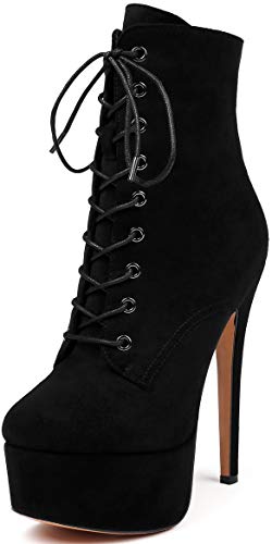 Soireelady Damen Ankle Boots, Women Platform Fashion Stiefel, Schnürstiefeletten mit Stöckelabsatz Wildleder Schwarz EU45 von Soireelady