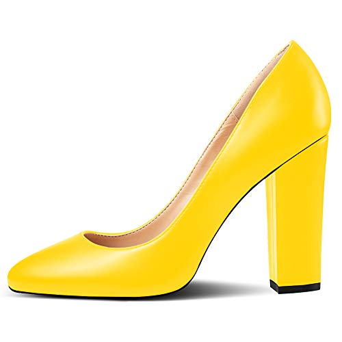 Soireelady Damen Blockabsatz Pumps | Bequeme Blockabsatz Schuhe | High Heels Patent Pumps Gelb Matt 39 von Soireelady