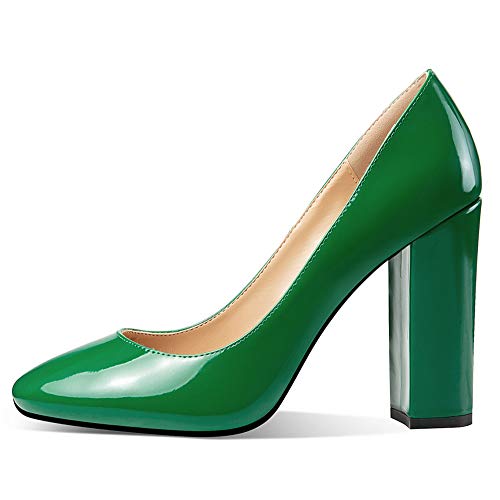 Soireelady Damen Blockabsatz Pumps | Bequeme Blockabsatz Schuhe | High Heels Patent Pumps Lack Grün 40 von Soireelady