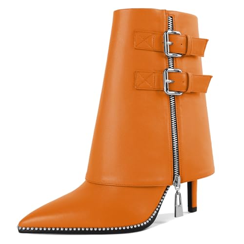 Soireelady Damen Elegantes Kleid Knöchelstiefel Spitz Zehe Fold Over Design Silber Stiletto Heels Seite Reißverschluss und Schnalle Detail 3.7 Zoll Orange EU41 von Soireelady