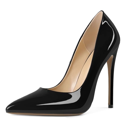 Soireelady Damen High Heel Pumps Elegante Spitze Stiletto Hoher Absatz Lackleder Hochzeit Party Schuhe Schwarz Große 43 von Soireelady