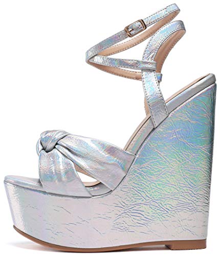 Soireelady Damen High Heel Sandalen | Peep Toe Wedge Heels | Knöchelriemen Plattform Sandalen Absätze Schuhe Silber EU46 von Soireelady