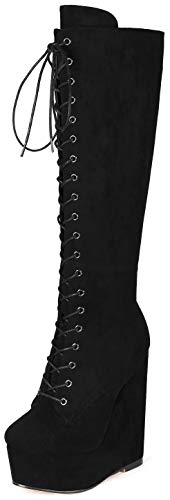 Soireelady Damen High Heel Stiefel Kniehohe Stiefel Damen 15CM Keilabsatzstiefel Plateau Schnürstiefel Winterstiefel Plateau Wildleder Schwarz EU43 von Soireelady