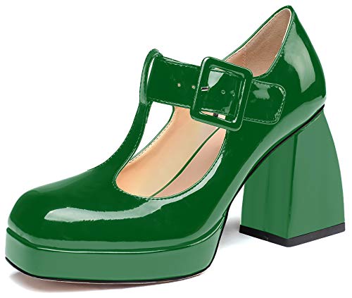 Soireelady Damen High Heels, Chunky Heels, Bequeme Pumps mit Quadratischen Zehen, 10 cm Mary Jane T-Riemen Absätze Grün EU37 von Soireelady