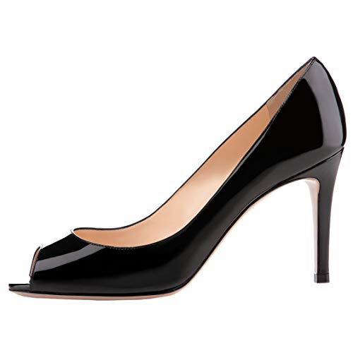 Soireelady Damen High Heels Peep Toe Stöckel Absatzschuhe Elegante Klassische Lackleder Schuhe 8 cm Stöckelschuhe mit Absatz Schwarz EU44 von Soireelady