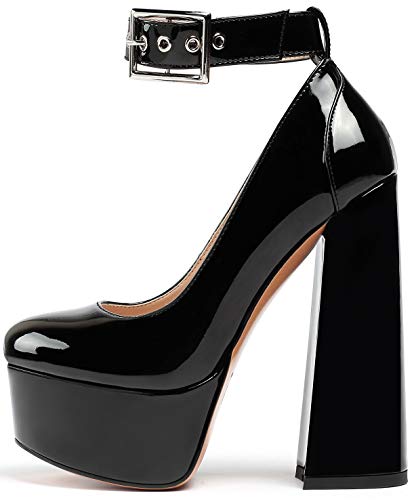 Soireelady Damen High Heels Plateau Pumps Blockabsatz Runde Zehen Fesselriemen Heels EU35 Lack Schwarz von Soireelady