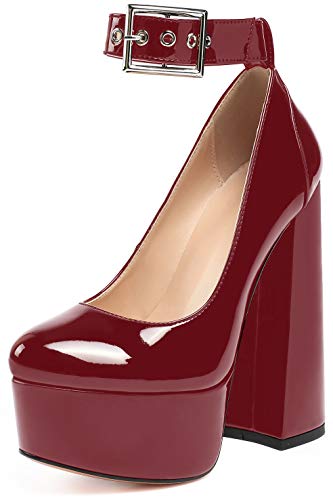 Soireelady Damen High Heels Plateau Pumps Blockabsatz Runde Zehen Fesselriemen Heels EU44 Burgund von Soireelady
