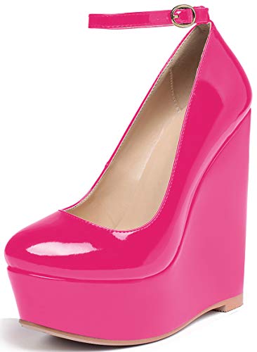 Soireelady Damen Keilabsatz Pumps | Geschlossene Zehenabsätze | Plattform High Heel Pumps | Knöchelriemenabsätze Fuchsie EU42 von Soireelady