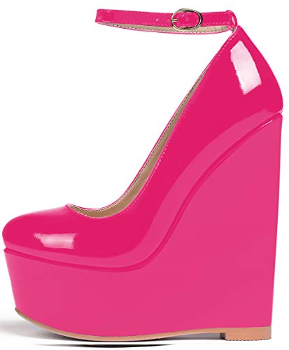 Soireelady Damen Keilabsatz Pumps | Geschlossene Zehenabsätze | Plattform High Heel Pumps | Knöchelriemenabsätze Fuchsie EU46 von Soireelady