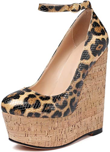 Soireelady Damen Keilabsatz Pumps | Geschlossene Zehenabsätze | Plattform High Heel Pumps | Knöchelriemenabsätze Leopard EU41 von Soireelady
