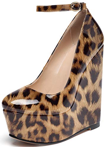 Soireelady Damen Keilabsatz Pumps | Geschlossene Zehenabsätze | Plattform High Heel Pumps | Knöchelriemenabsätze Patent Leopard EU37 von Soireelady
