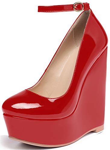 Soireelady Damen Keilabsatz Pumps | Geschlossene Zehenabsätze | Plattform High Heel Pumps | Knöchelriemenabsätze Rot EU45 von Soireelady