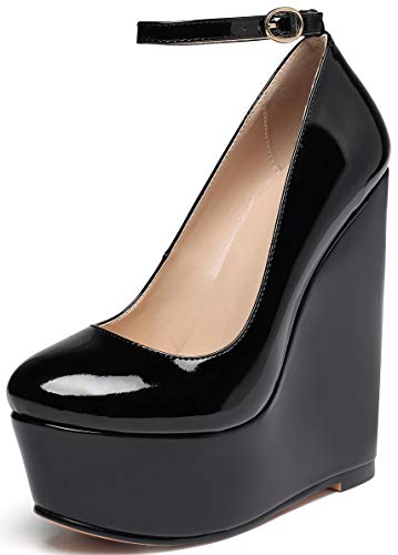 Soireelady Damen Keilabsatz Pumps | Geschlossene Zehenabsätze | Plattform High Heel Pumps | Knöchelriemenabsätze Schwarz EU45 von Soireelady