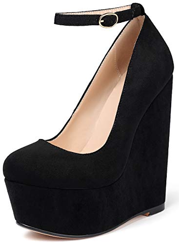 Soireelady Damen Keilabsatz Pumps | Geschlossene Zehenabsätze | Plattform High Heel Pumps | Knöchelriemenabsätze Wildleder Schwarz EU43 von Soireelady