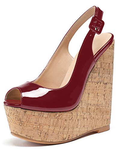 Soireelady Damen Keilabsatz Sandalen | Peep Toe Sandalen | Dicke Plattform High Heel Slingbacks Burgund EU39 von Soireelady
