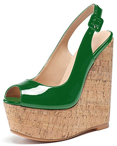 Soireelady Damen Keilabsatz Sandalen | Peep Toe Sandalen | Dicke Plattform High Heel Slingbacks Grün EU39 von Soireelady