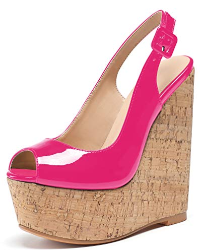 Soireelady Damen Keilabsatz Sandalen | Peep Toe Sandalen | Dicke Plattform High Heel Slingbacks Rosa EU38 von Soireelady