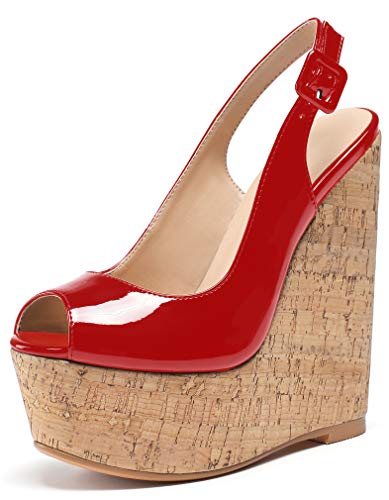 Soireelady Damen Keilabsatz Sandalen | Peep Toe Sandalen | Dicke Plattform High Heel Slingbacks Rot EU37 von Soireelady