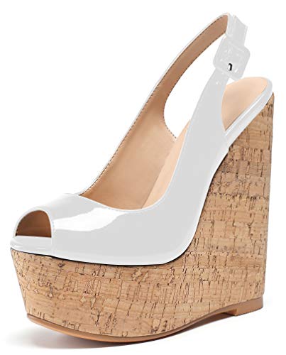 Soireelady Damen Keilabsatz Sandalen | Peep Toe Sandalen | Dicke Plattform High Heel Slingbacks Weiß EU37 von Soireelady