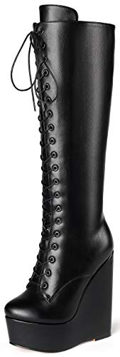 Soireelady Damen Kniehohe Stiefel, Damen 15CM Keilabsatzstiefel, Plateau Schnürstiefel Winterstiefel, Plateau High Heel Stiefel Schwarz EU38 von Soireelady