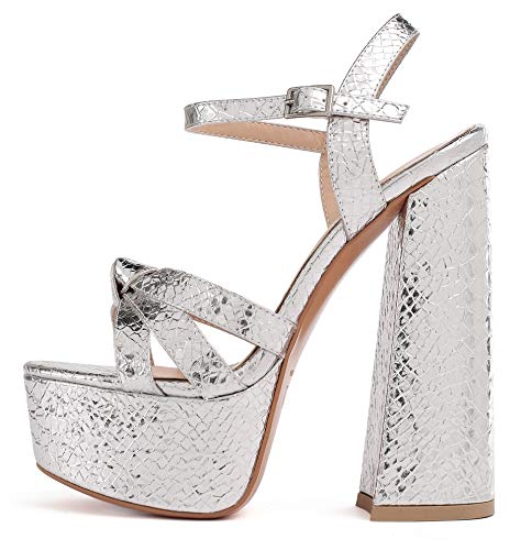 Soireelady Damen Peep Toe High Heels Plateau Sandalen, Blockabsatz Sommer Abendschuhe, Damen Schuhe High Heel Pumpe Sandalen Silber EU44 von Soireelady