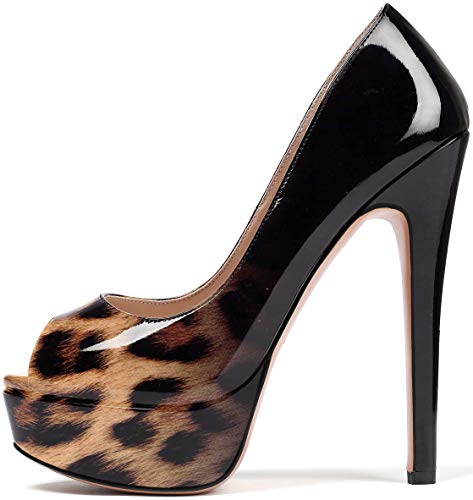 Soireelady Damen Peep Toe Pumps,Thick Plateau Pumps,Stiletto High Heel Pumps,Elegant Party Hochzeit Schuhe EU37 Leopard Schwarz von Soireelady