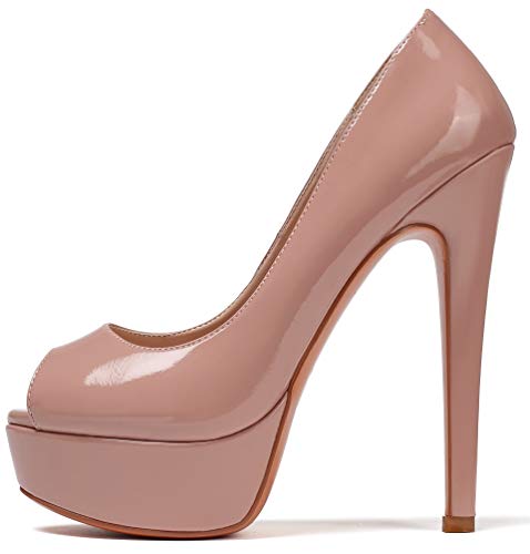 Soireelady Damen Peep Toe Pumps,Thick Plateau Pumps,Stiletto High Heel Pumps,Elegant Party Hochzeit Schuhe EU38 Beige von Soireelady