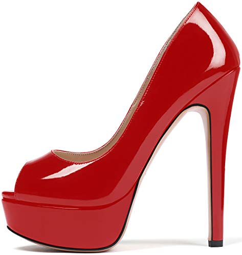 Soireelady Damen Peep Toe Pumps,Thick Plateau Pumps,Stiletto High Heel Pumps,Elegant Party Hochzeit Schuhe EU38 Rot von Soireelady