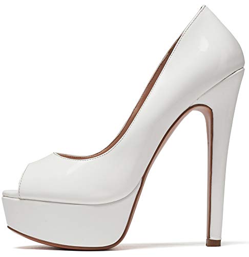 Soireelady Damen Peep Toe Pumps,Thick Plateau Pumps,Stiletto High Heel Pumps,Elegant Party Hochzeit Schuhe EU38 Weiß von Soireelady