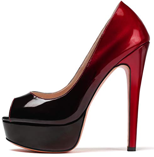 Soireelady Damen Peep Toe Pumps,Thick Plateau Pumps,Stiletto High Heel Pumps,Elegant Party Hochzeit Schuhe EU39 Schwarz Rot von Soireelady