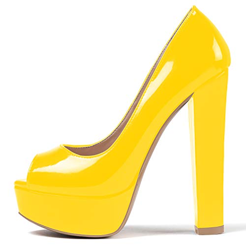 Soireelady Damen Peeptoe Pumps Hoher Absatz Plateau High Heels mit Blockabsatz Sexy Slip On Pumps Gelb EU42 von Soireelady
