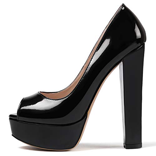 Soireelady Damen Peeptoe Pumps Plateau High Heels mit Blockabsatz Frauen Sexy Slip On Sommerschuhe Lackleather Schwarz EU39 von Soireelady