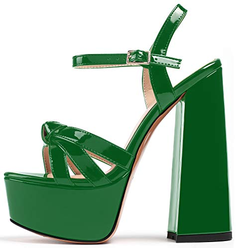 Soireelady Damen Plateau High Heels Pump Absatz Schuhe Mary Jane mit Hohem Blockabsatz Open Toe Sandalen Lack Grün EU35 von Soireelady