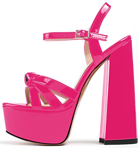 Soireelady Damen Plateau High Heels Pump Absatz Schuhe Mary Jane mit Hohem Blockabsatz Open Toe Sandalen Lack Rosa EU44 von Soireelady