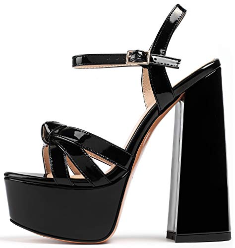 Soireelady Damen Plateau High Heels Pump Absatz Schuhe Mary Jane mit Hohem Blockabsatz Open Toe Sandalen Lack Schwarz EU45 von Soireelady