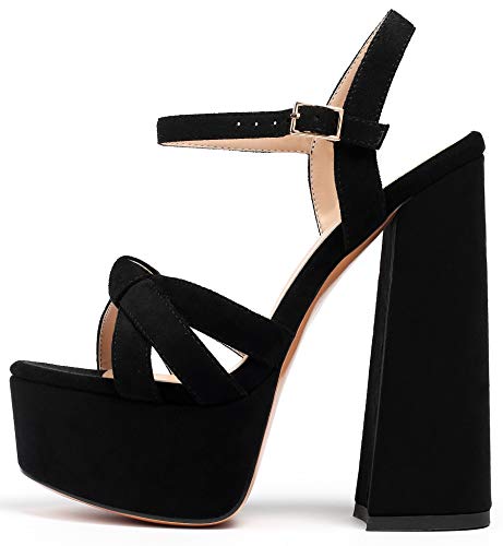 Soireelady Damen Plateau High Heels Pump Absatz Schuhe Mary Jane mit Hohem Blockabsatz Open Toe Sandalen Wildleder Schwarz EU46 von Soireelady
