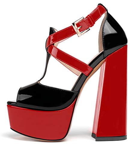 Soireelady Damen Plateau Peeptoe Knöchelriemchen Sandalen mit Blockabsatz Riemchen Dicker Absatz Schuhe für Mädchen Schwarz Rot EU35 von Soireelady