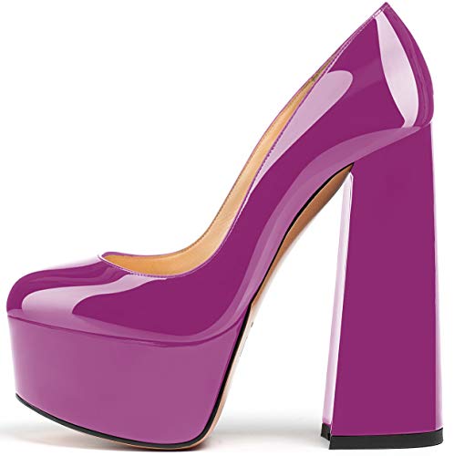 Soireelady Damen Plateau Schuhe Runde Zehen Blockabsatz High Heels Synthetik Mode Pumps Lila EU44 von Soireelady