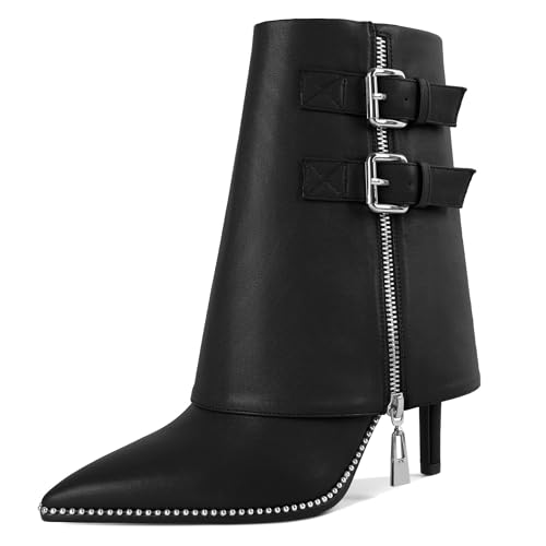Soireelady Damen Schicke Spitze Zehenknöchel Stiefel Silber Perlen kurze Knöchel Stiefel Schnalle Kleid und Seite Reißverschluss 3.7 Zoll Stiletto Heels Schwarz EU36 von Soireelady