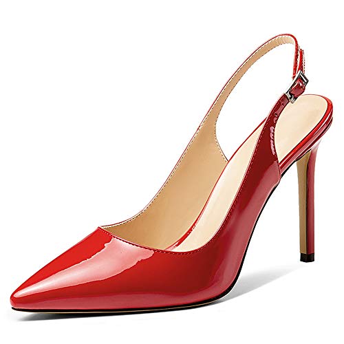 Soireelady Damen Slingback Pumps,Spitz Sandalen Stiletto High Heel,10cm Hohe Absätze Damenschuhe Lack rot 41 von Soireelady