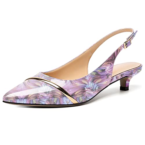 Soireelady Damen Slingback Pumps mit Kitten Heel Spitz Zehen Kleid Schuhe für Büro Dame Klassische Damen-Pumps Basic Komfort Slip auf Kitten Heel Elegant Pumps Schuhe Blumenmuster EU 37 von Soireelady