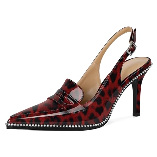 Soireelady Damen Slingback in Lackoptik - Spitzer Zeh & 9cm with Beads Moden Absatz mit Polsterung für Stadterkundungen & After-Work-Partys Leopard Rot EU41 von Soireelady