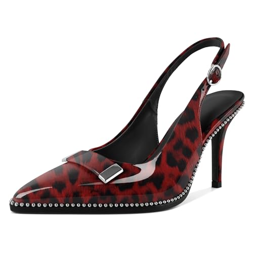 Soireelady Damen Slingback in Lackoptik - Spitzer Zeh & 9cm with Beads di Classe Absatz mit Polsterung für Stadterkundungen & After-Work-Partys Leopard Rot EU41 von Soireelady