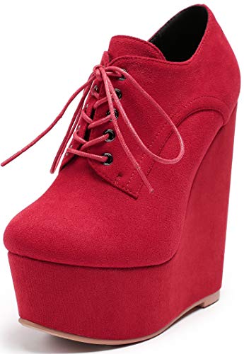 Soireelady Damen Stiefeletten Keilabsatz High Heels Stiefel mit Schnürung und Reißverschluss Boots Plateau Mode Boots Rot EU45 von Soireelady