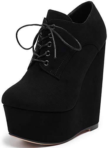 Soireelady Damen Stiefeletten Keilabsatz High Heels Stiefel mit Schnürung und Reißverschluss Boots Plateau Mode Boots Schwarz EU46 von Soireelady