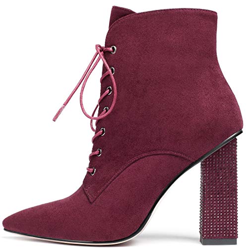 Soireelady Damen Stiefeletten mit Blockabsatz, Kurze Stiefel mit Spitzen Zehen, Bequeme Winterstiefel mit Reißverschluss Burgund EU46 von Soireelady
